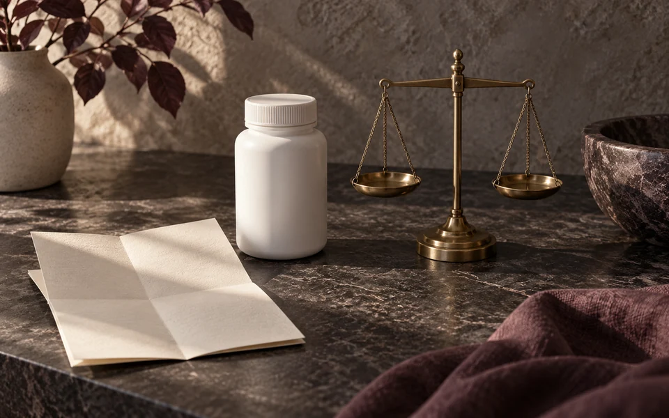 An unmarked closed medicine bottle and empty brass balance frame primary-prevention tradeoffs.