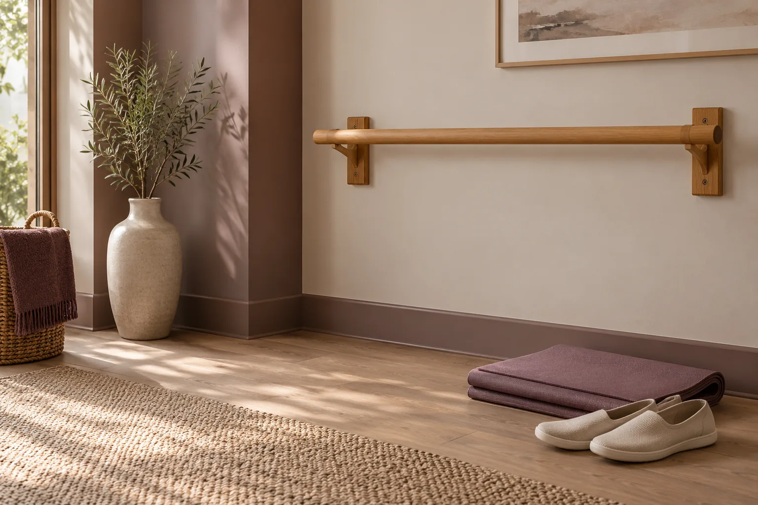 A fixed support rail, folded exercise mat and flat indoor shoes in a quiet home corner.