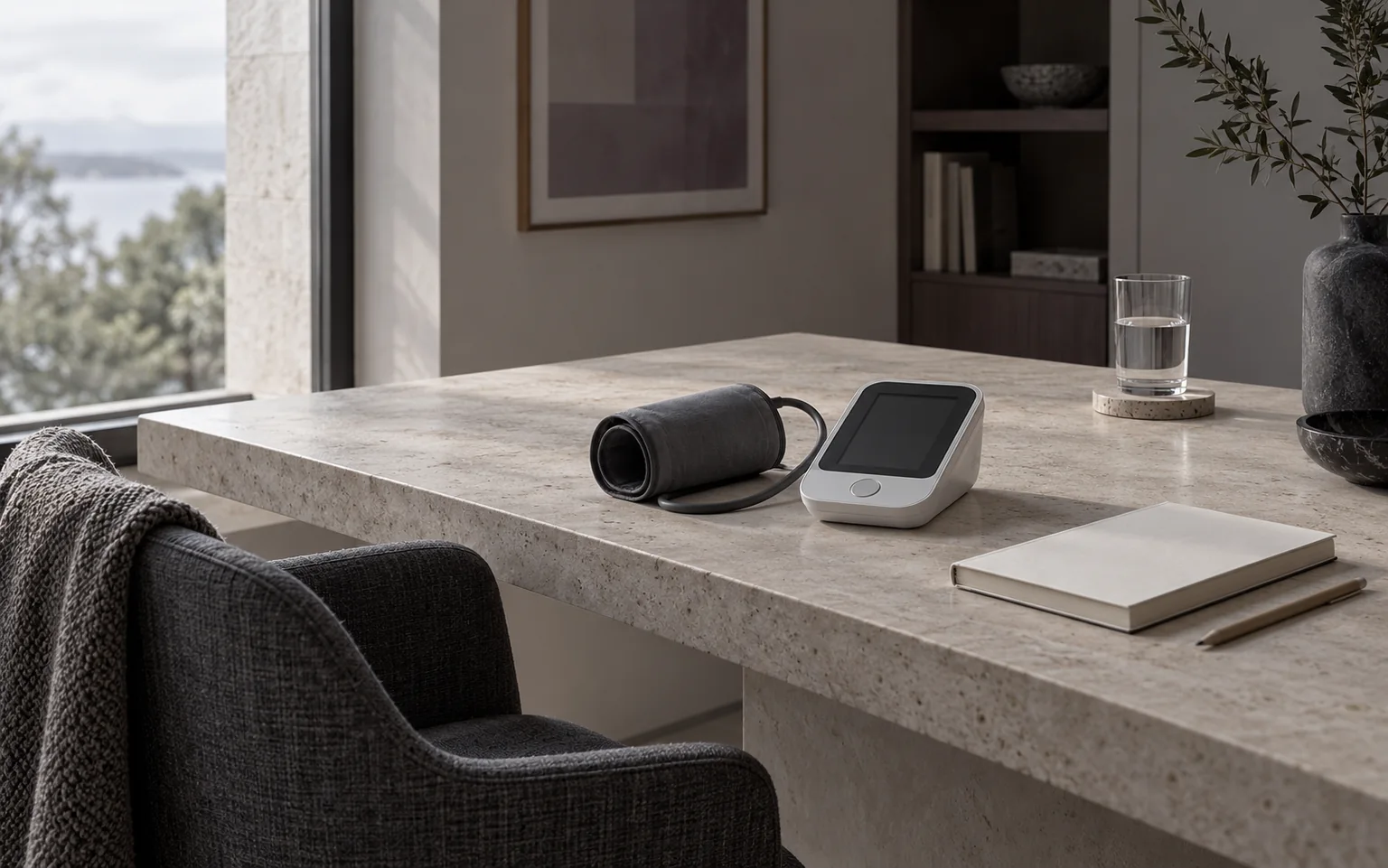 An unbranded upper-arm blood-pressure monitor with its screen off on a pale stone desk.