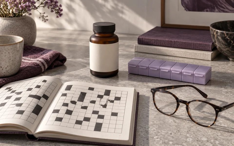 An unmarked supplement bottle, closed organizer, reading glasses and blank puzzle grid frame cognition research.