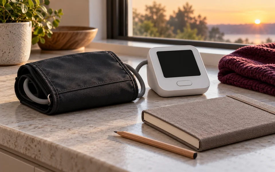 An unmarked upper-arm cuff and inactive monitor rest beside a closed notebook.