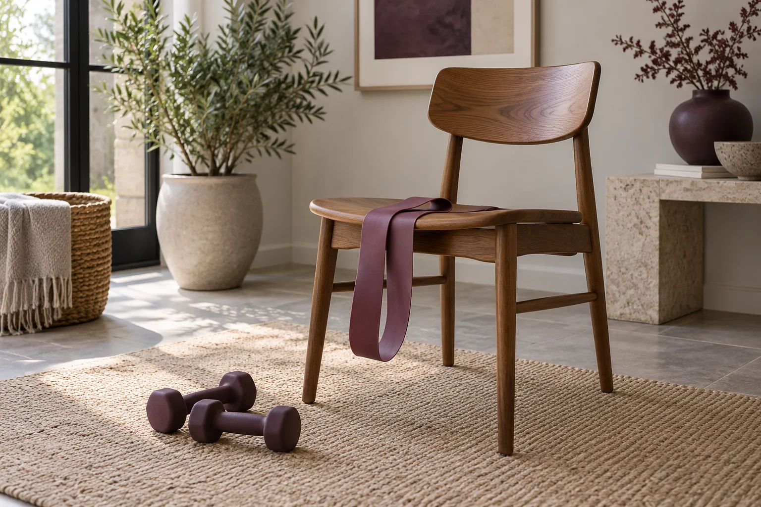 A sturdy empty chair, resistance band and small dumbbells in a quiet home corner.