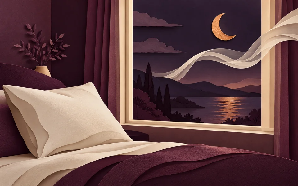 Layered paper creates a quiet bedroom window, empty pillow and abstract airflow ribbon.